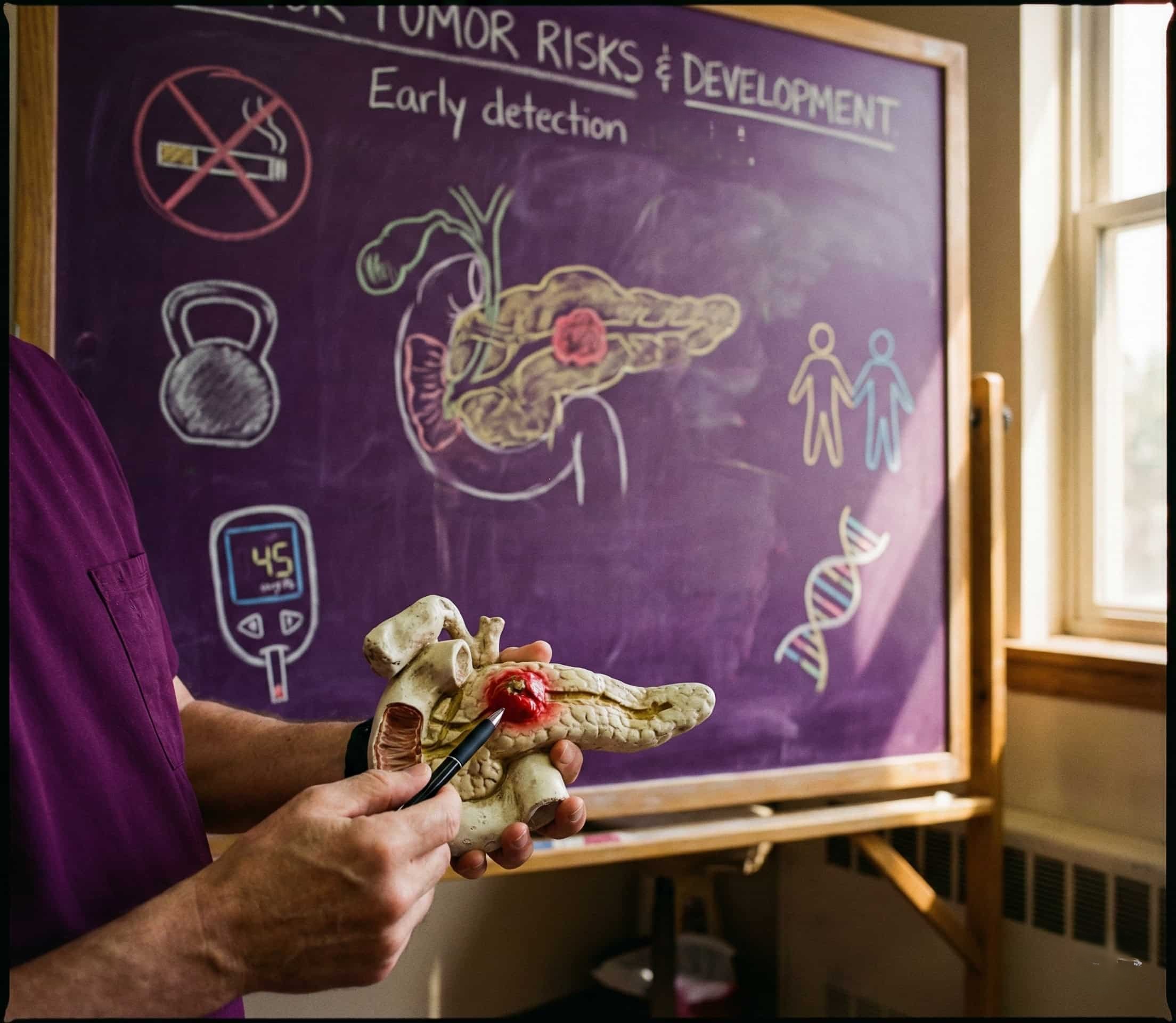 Anatomical illustration of pancreas and risk factors